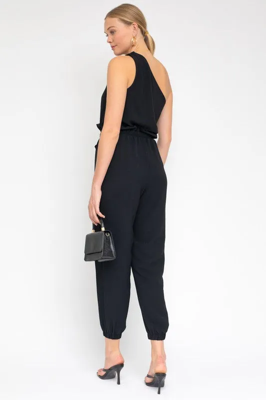 Black Sleeveless One Shoulder Waist Tie Jumpsuit