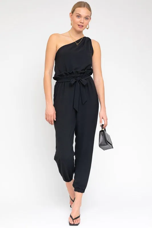 Black Sleeveless One Shoulder Waist Tie Jumpsuit