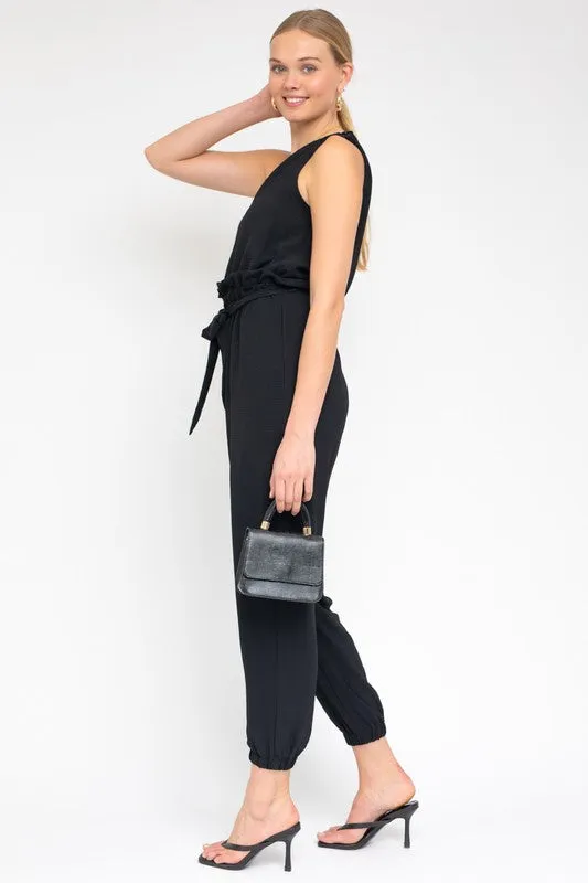 Black Sleeveless One Shoulder Waist Tie Jumpsuit