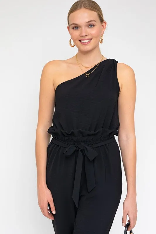 Black Sleeveless One Shoulder Waist Tie Jumpsuit