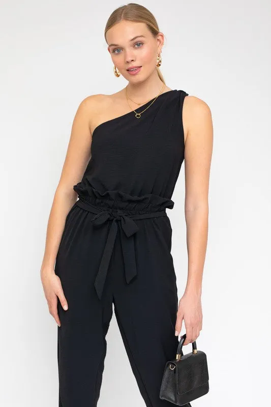 Black Sleeveless One Shoulder Waist Tie Jumpsuit