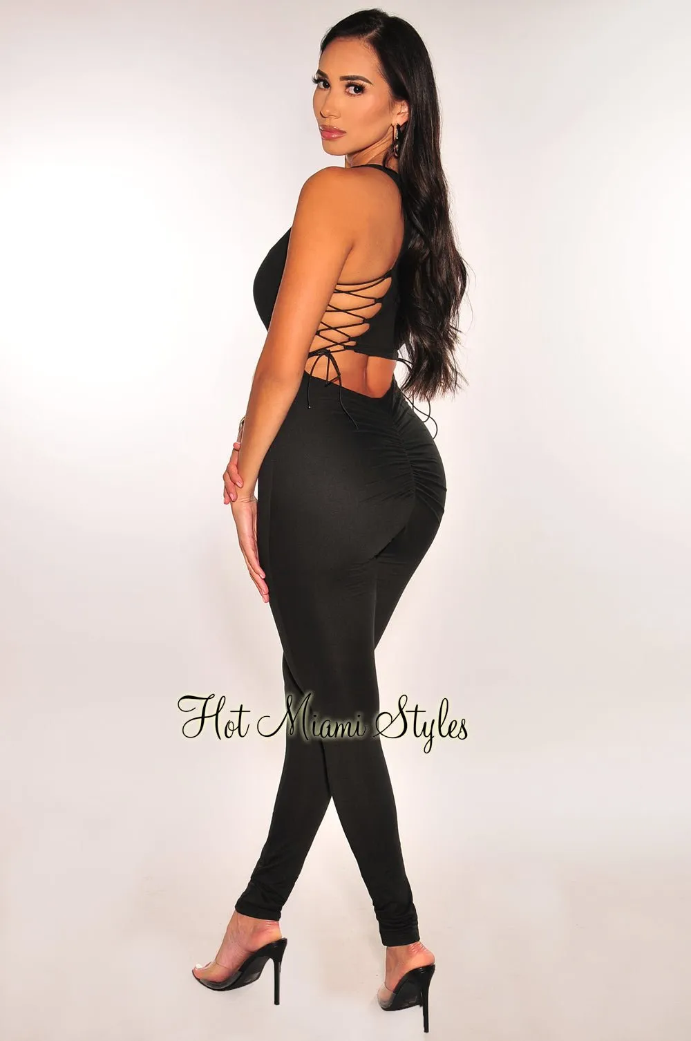 Black Sleeveless Square Neck Lace Up Scrunch Butt Jumpsuit