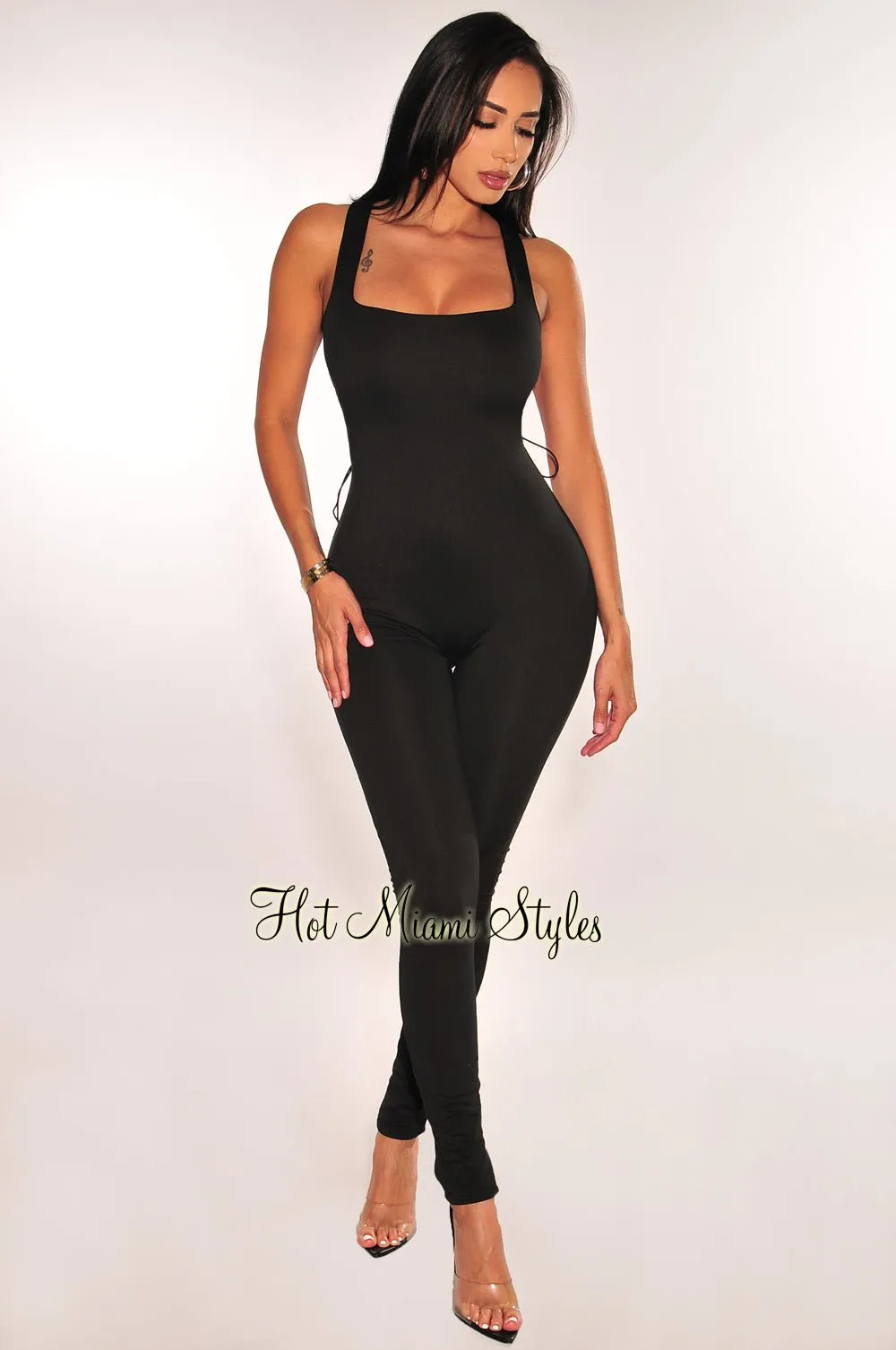 Black Sleeveless Square Neck Lace Up Scrunch Butt Jumpsuit