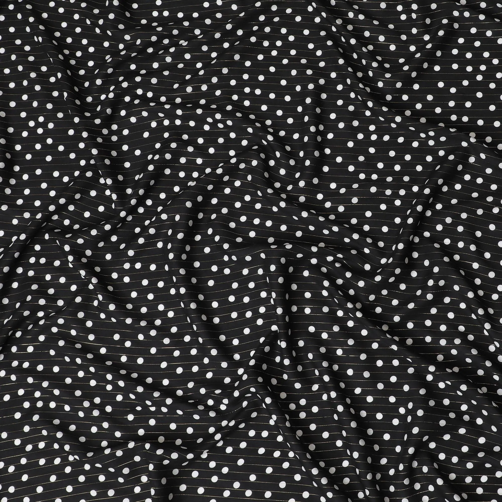 Black viscose crepe printed fabric with white prints and golden lurex in polka dot design-D11155