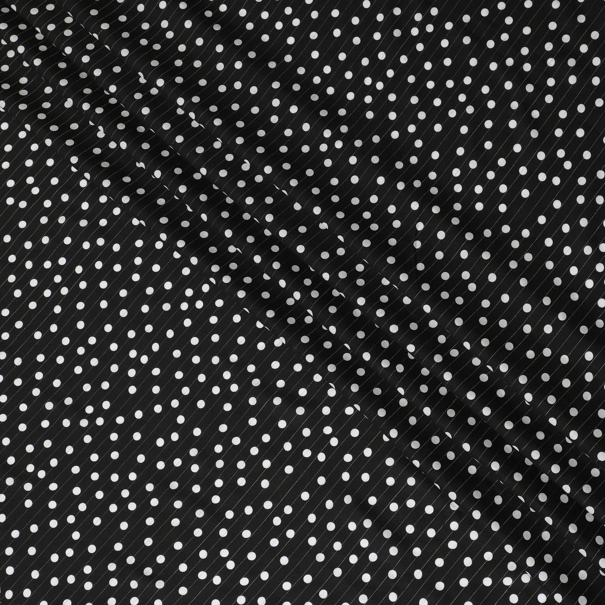 Black viscose crepe printed fabric with white prints and golden lurex in polka dot design-D11155