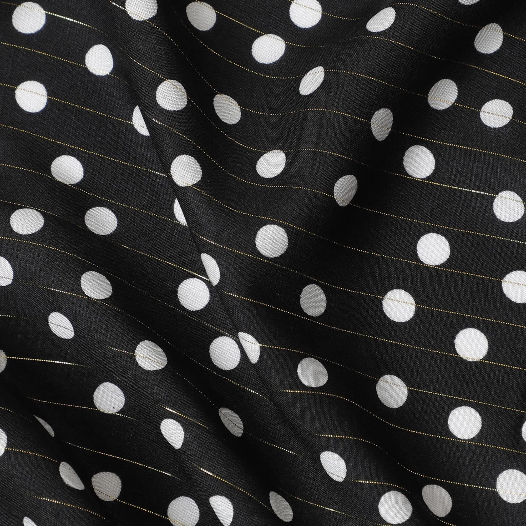 Black viscose crepe printed fabric with white prints and golden lurex in polka dot design-D11155