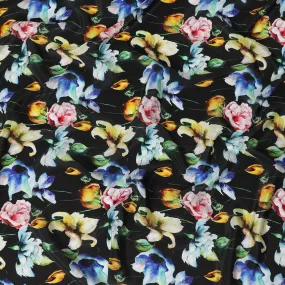 Black viscose fabric with multicolor print in floral design-D12257