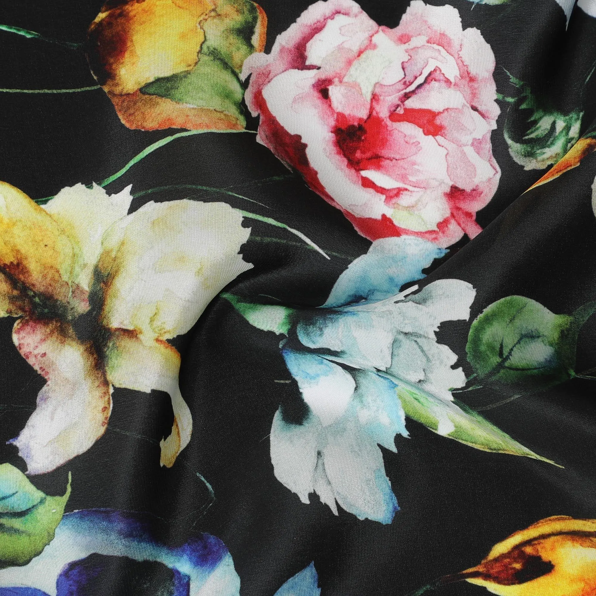 Black viscose fabric with multicolor print in floral design-D12257