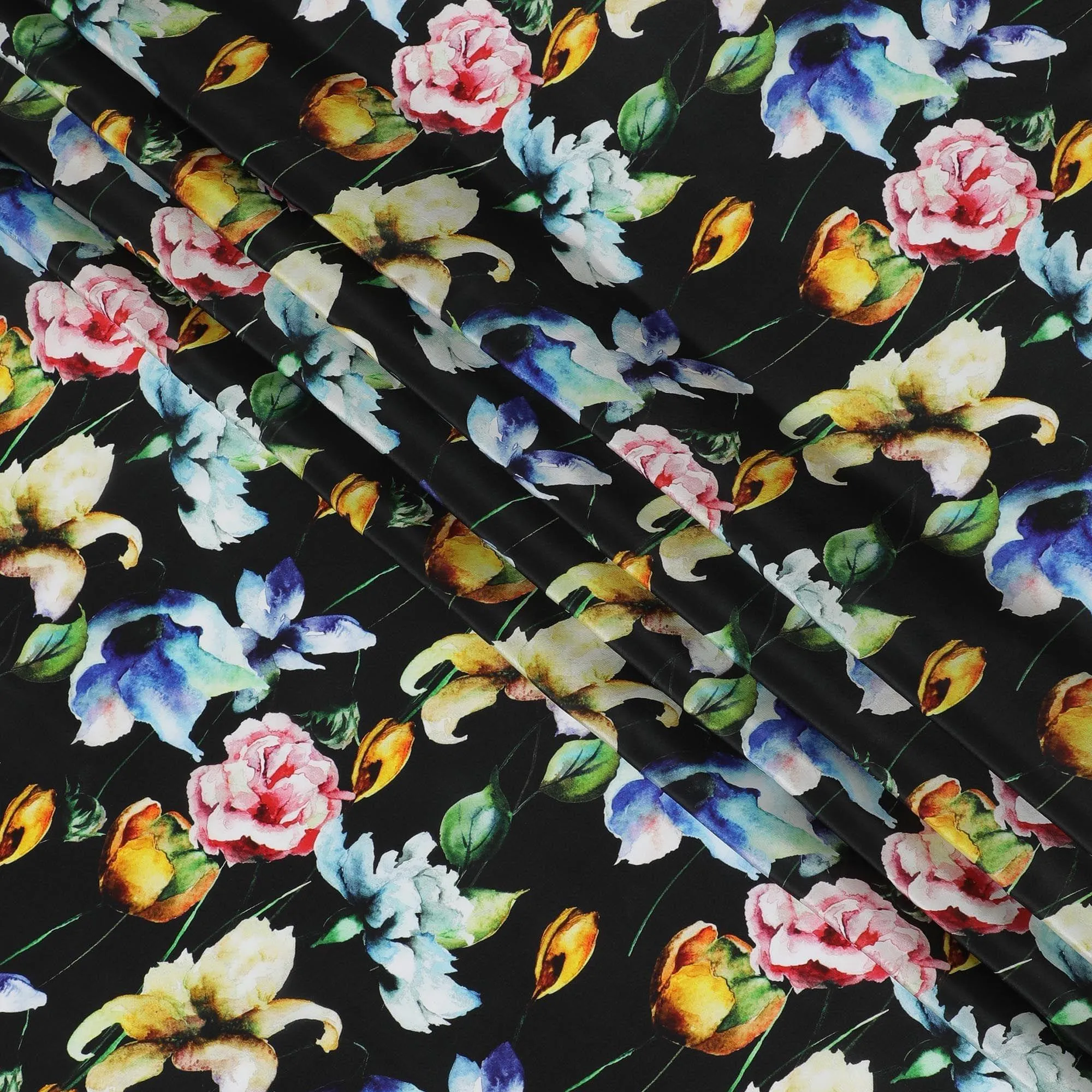 Black viscose fabric with multicolor print in floral design-D12257