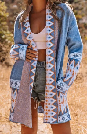 Blue Aztec Print   Knit Cardigan