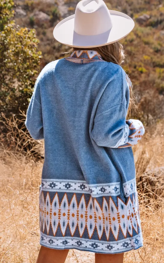 Blue Aztec Print   Knit Cardigan