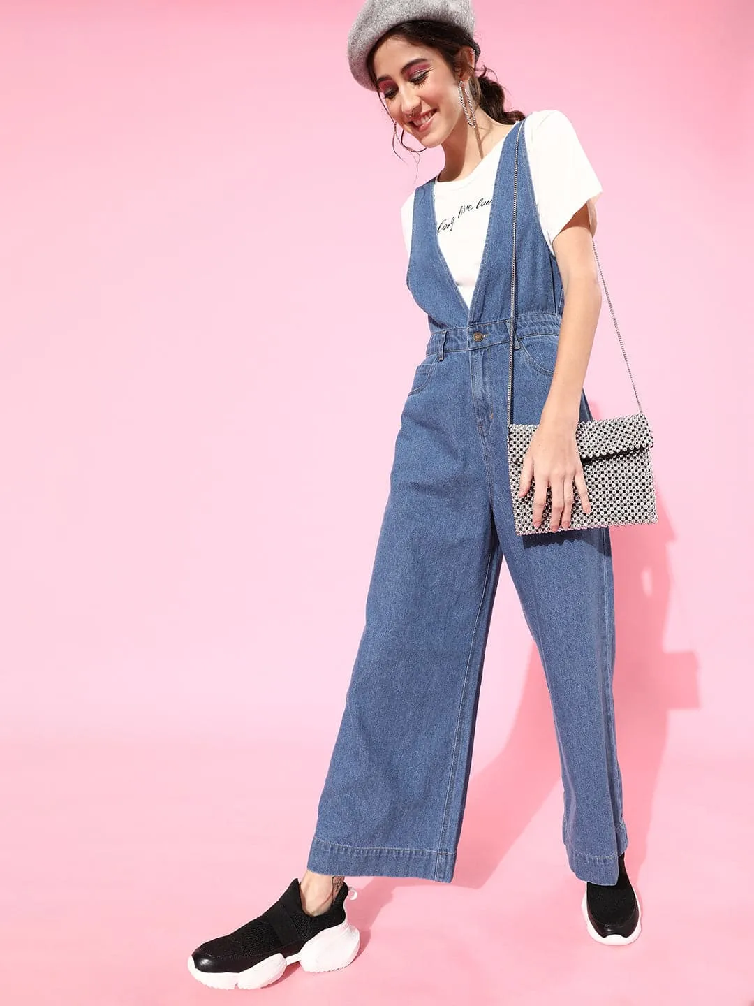 Blue Deep V-Neck Denim Flared Leg Jumpsuit