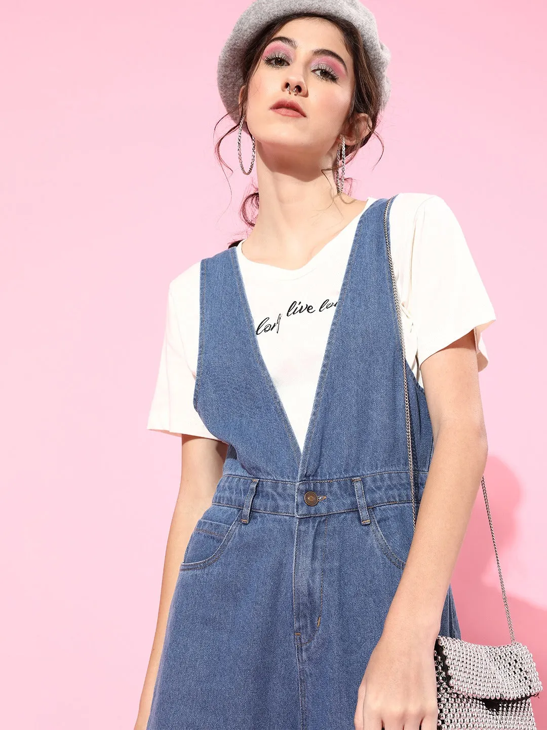 Blue Deep V-Neck Denim Flared Leg Jumpsuit