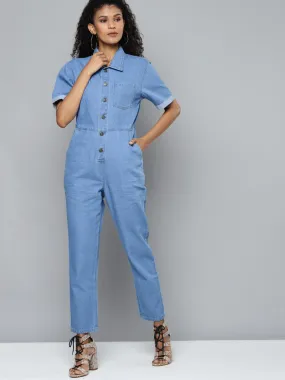 Blue Denim Belted Jumpsuit