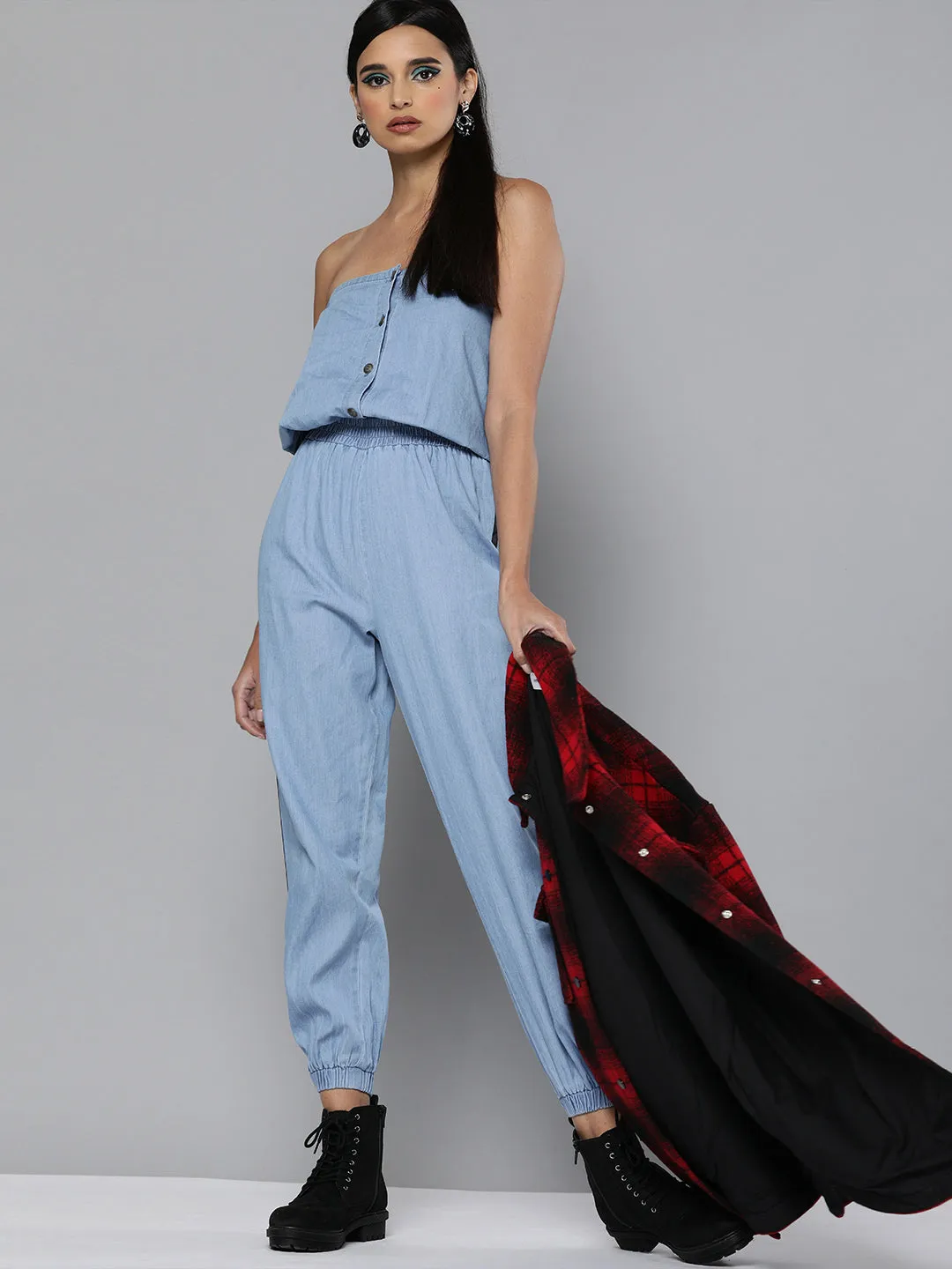 Blue Denim Side Tape Tube Jumpsuit