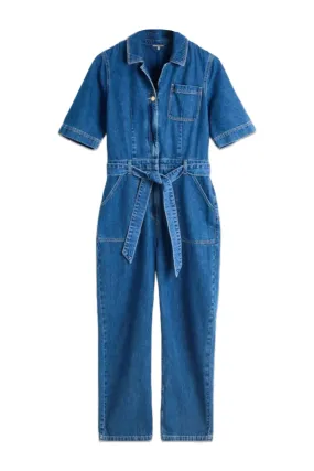 Blue Denim Tie Waist Wide Leg Jumpsuit