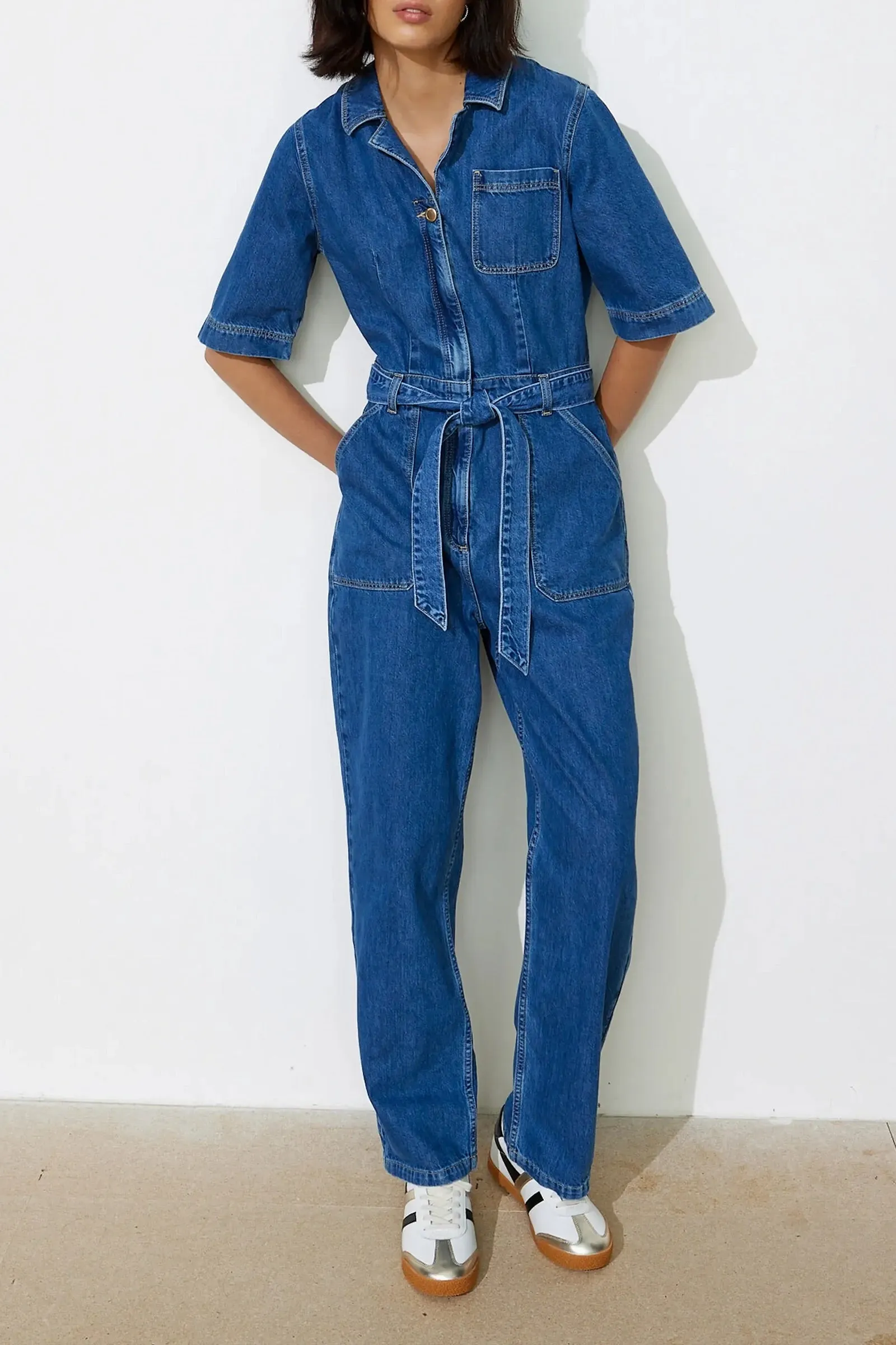 Blue Denim Tie Waist Wide Leg Jumpsuit