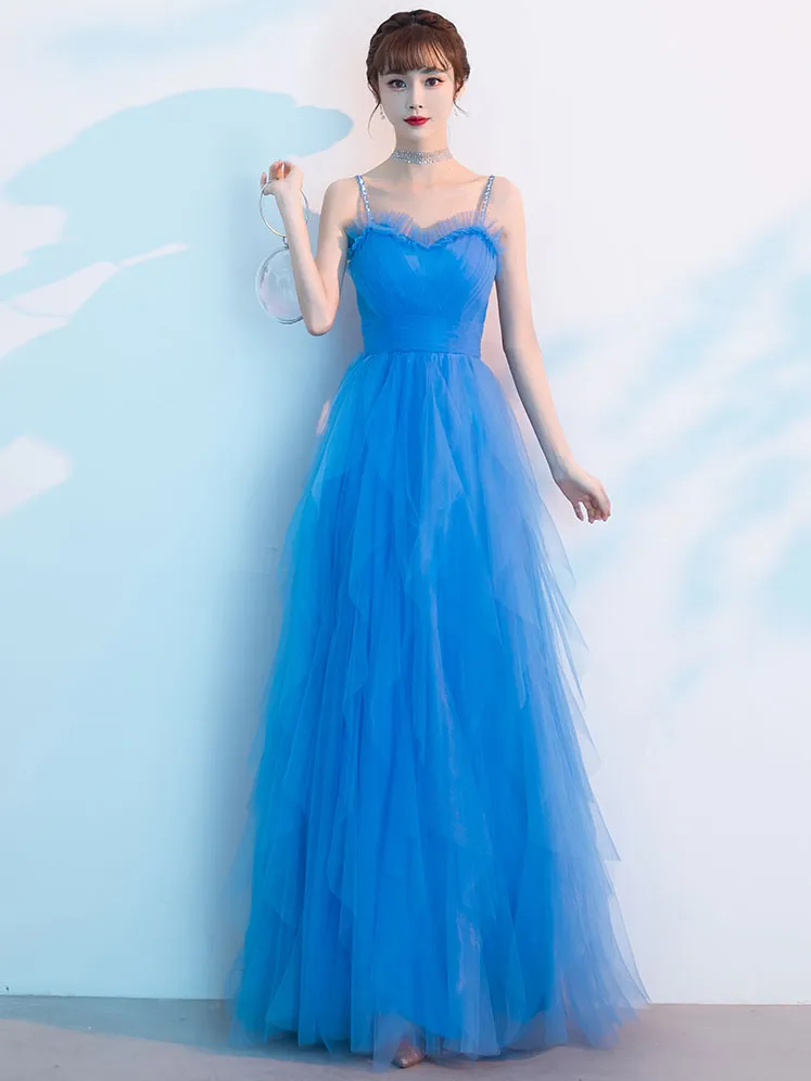 Blue Sweetheart Neck Tulle Long Prom Dress, Blue Evening Dress