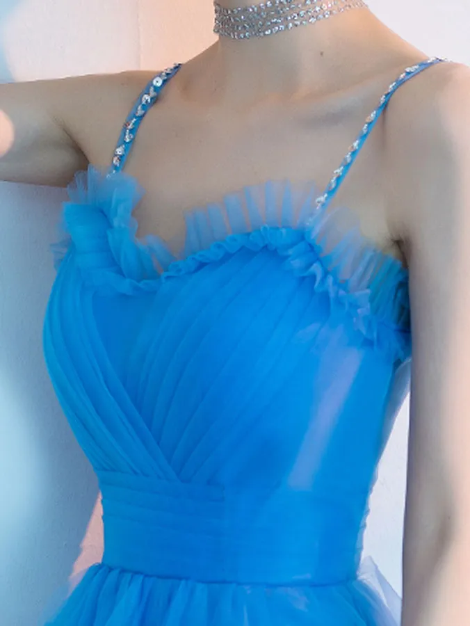 Blue Sweetheart Neck Tulle Long Prom Dress, Blue Evening Dress