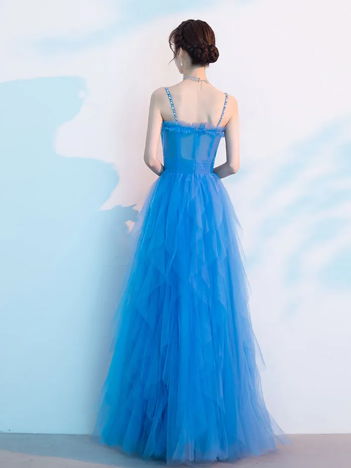 Blue Sweetheart Neck Tulle Long Prom Dress, Blue Evening Dress