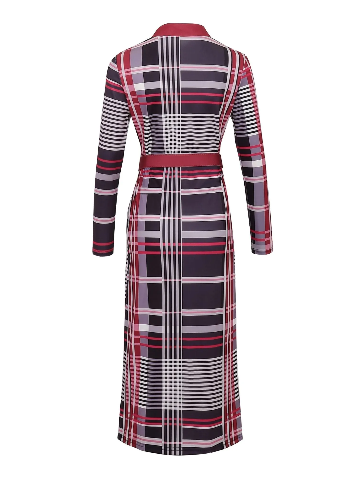 Bodycon Plaid V-neck Dress Without Belt, Elegant Long Sleeve Dress For Spring & Fall, Women's Clothing