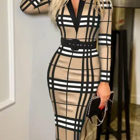 Bodycon Plaid V-neck Dress Without Belt, Elegant Long Sleeve Dress For Spring & Fall, Women's Clothing