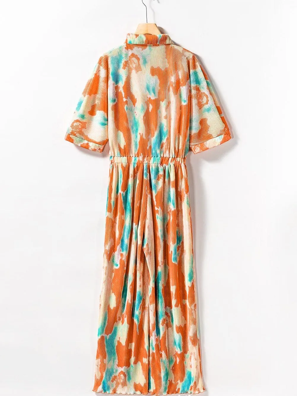 Bohemian Tie Dye Pleated Jumpsuit with Shirt Collar