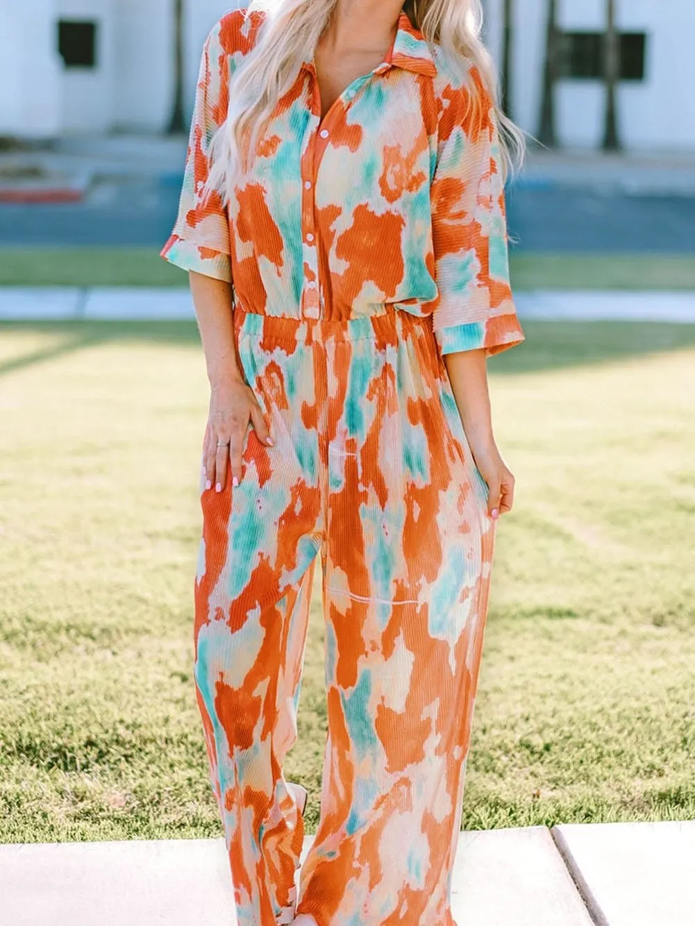 Bohemian Tie Dye Pleated Jumpsuit with Shirt Collar