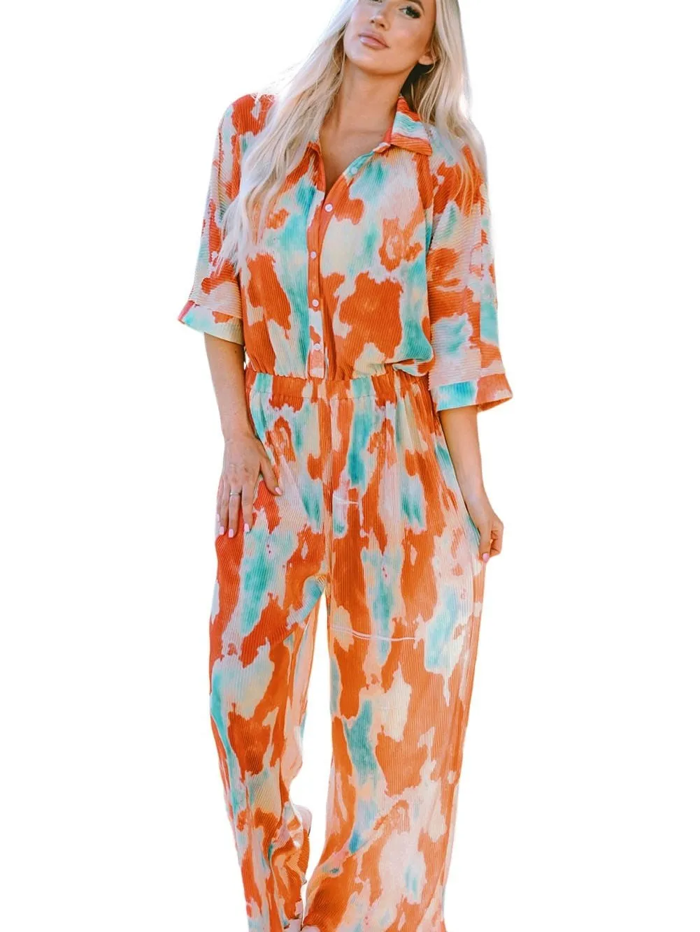 Bohemian Tie Dye Pleated Jumpsuit with Shirt Collar