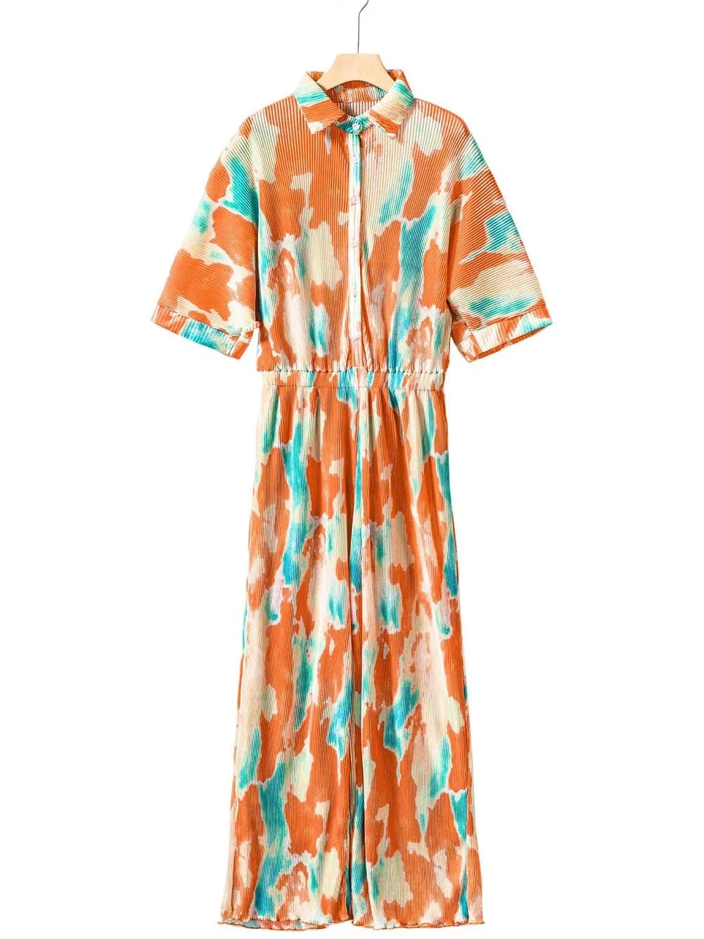 Bohemian Tie Dye Pleated Jumpsuit with Shirt Collar