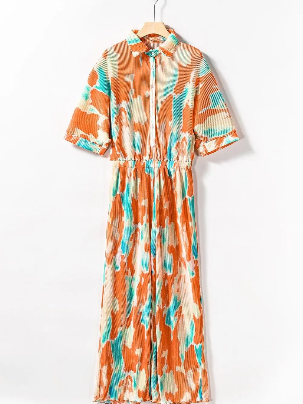 Bohemian Tie Dye Pleated Jumpsuit with Shirt Collar