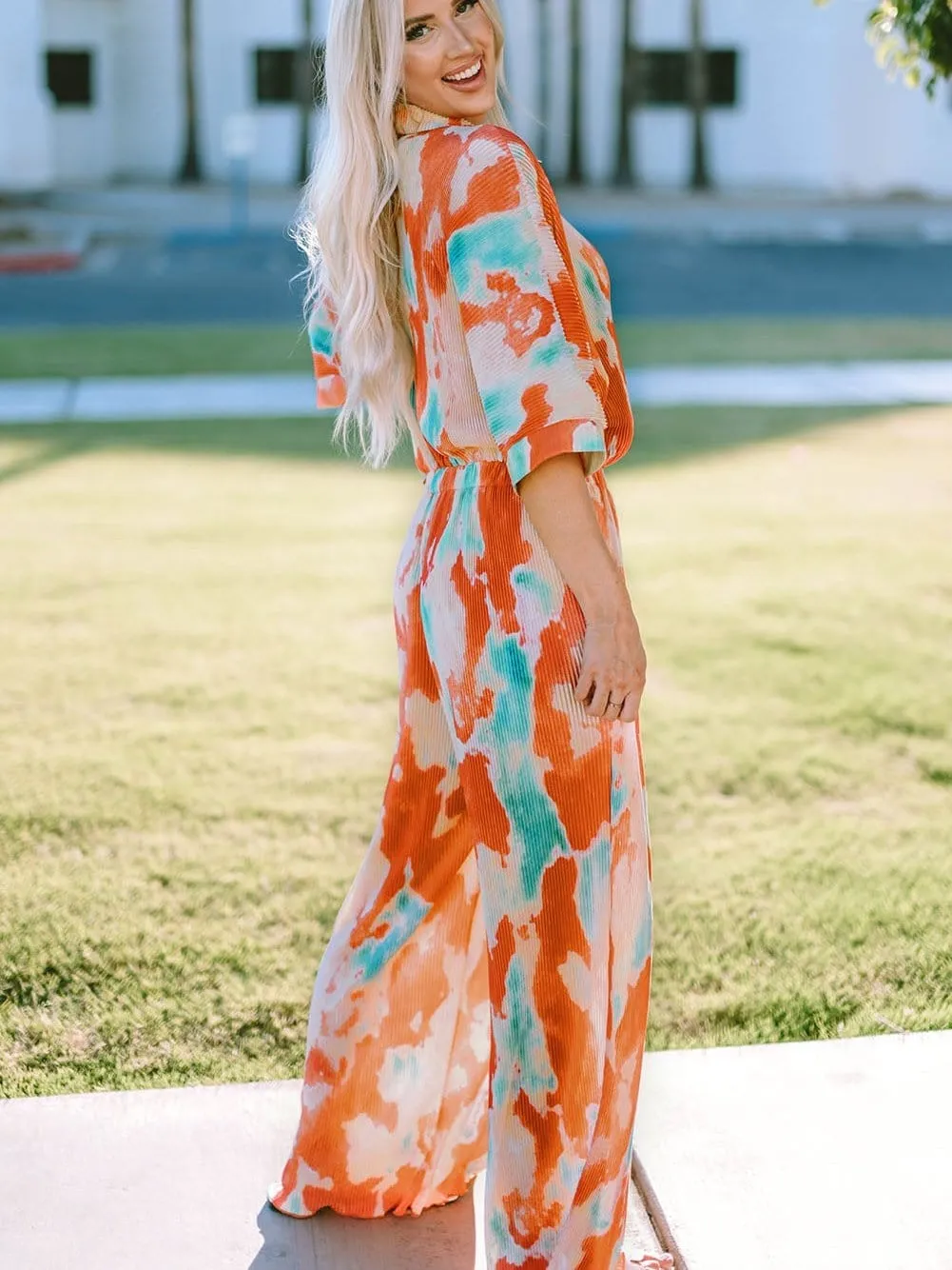 Bohemian Tie Dye Pleated Jumpsuit with Shirt Collar