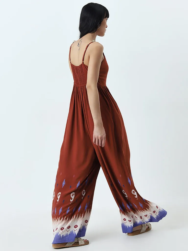 Bombay Paisley Brown Ikat-Printed Jumpsuit