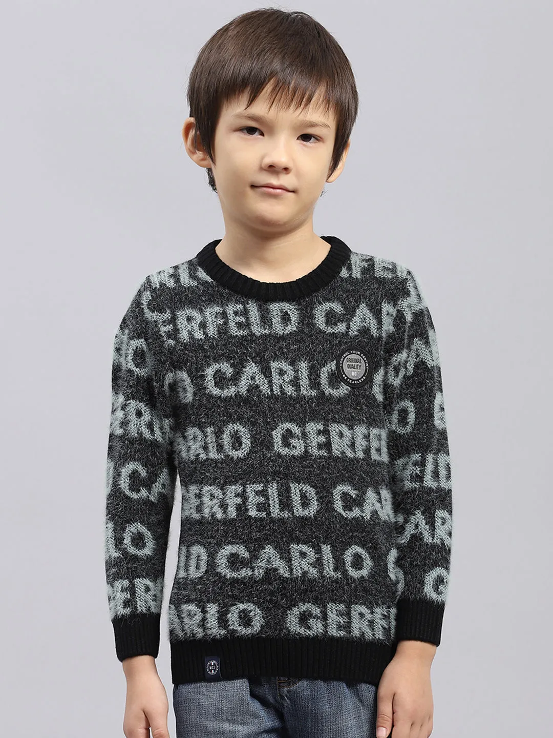 Boys Black Self Design Round Neck Full Sleeve Pullover