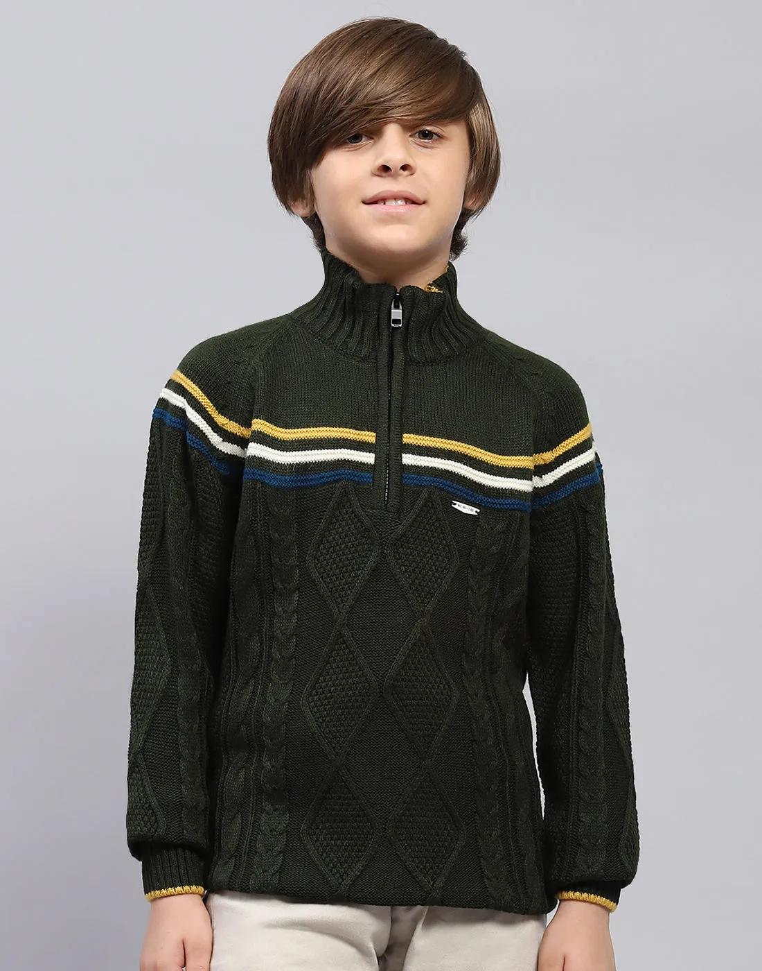 Boys Olive Self Design Turtle Neck Full Sleeve Pullover