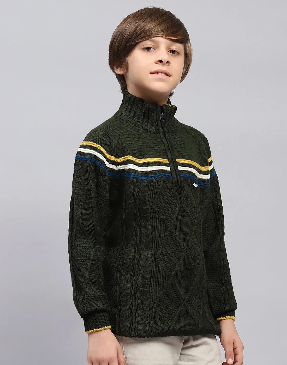 Boys Olive Self Design Turtle Neck Full Sleeve Pullover