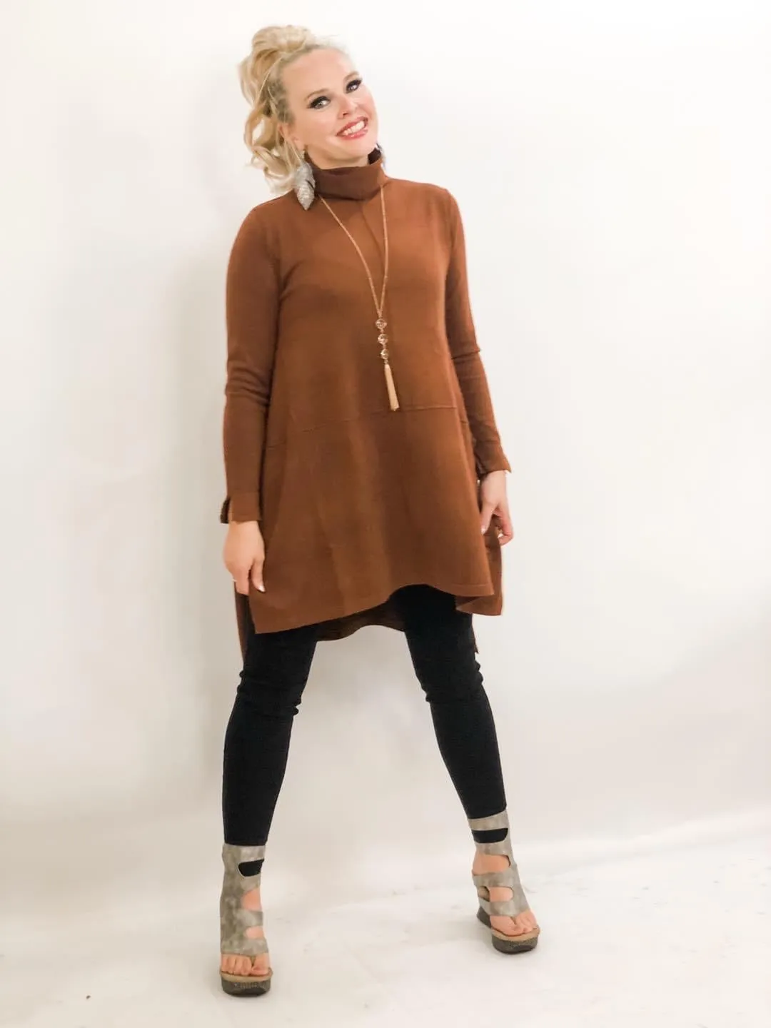 Brown Cashmere Loose Fit Hi-Low Knit Top Dress