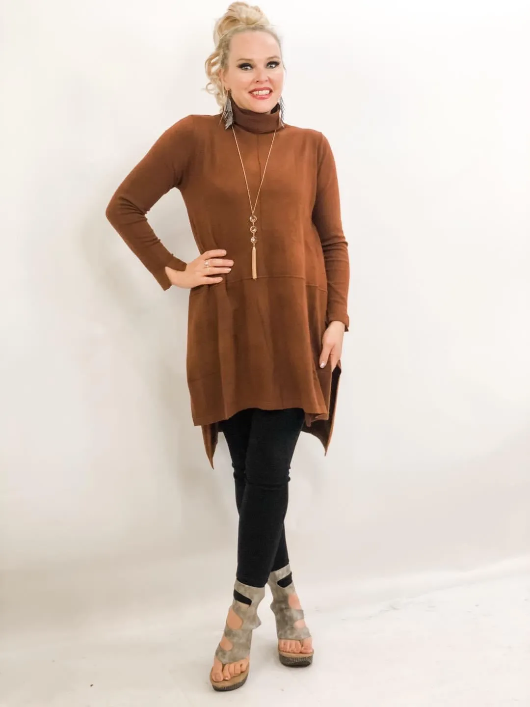 Brown Cashmere Loose Fit Hi-Low Knit Top Dress