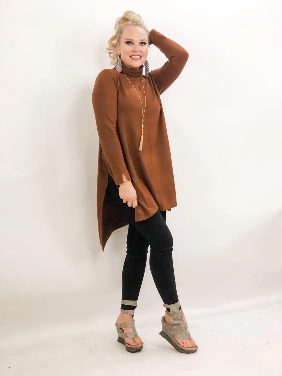 Brown Cashmere Loose Fit Hi-Low Knit Top Dress