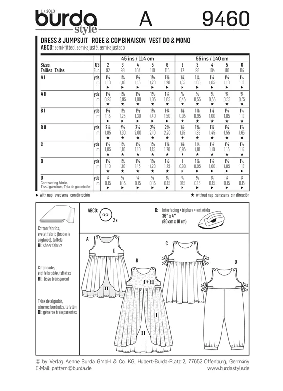 Burda 9460 Girls' Dress and Jumpsuit Pattern