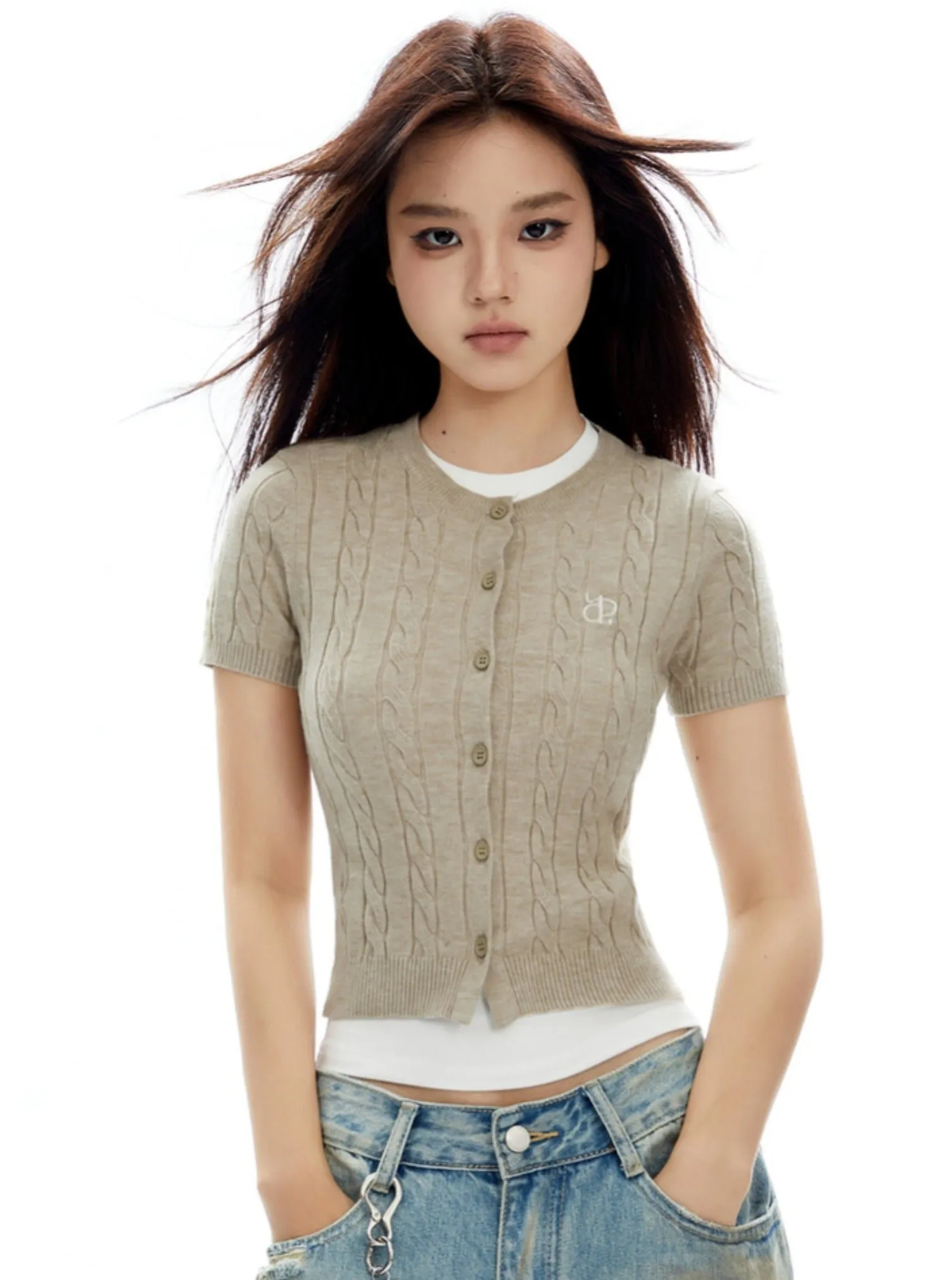 Cable Knit Short Sleeve Cardigan - Two Color Options