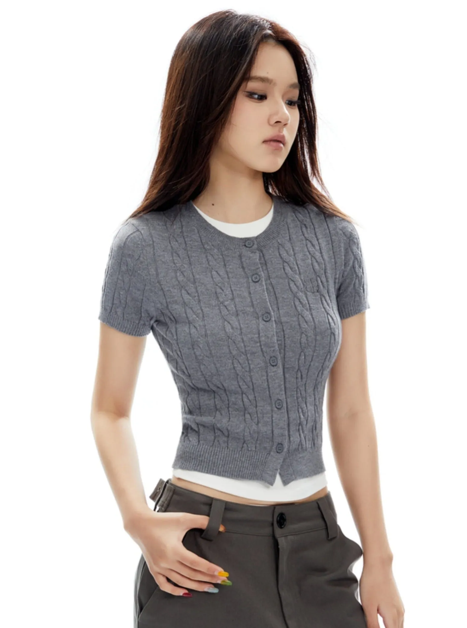 Cable Knit Short Sleeve Cardigan - Two Color Options