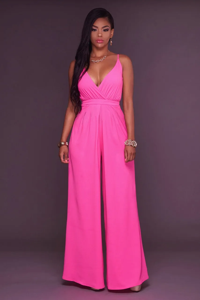 Candy Color Spaghetti Straps V-neck High Waist Long Wide Legs Jumpsuit