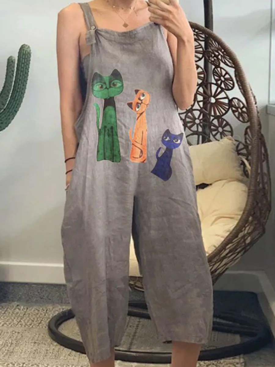 Cartoon Printed Cotton and Linen Overalls