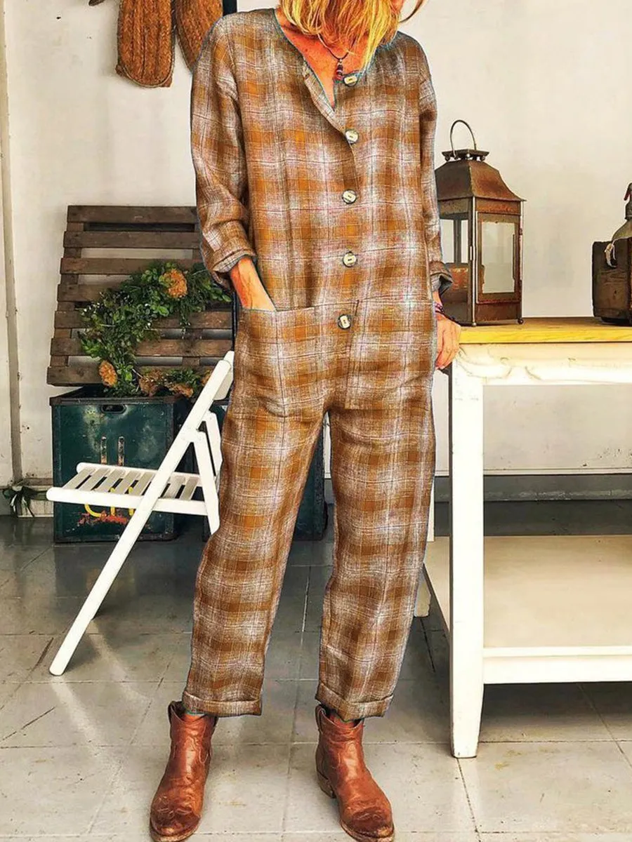 Casual Plaid Long Sleeve Jumpsuit