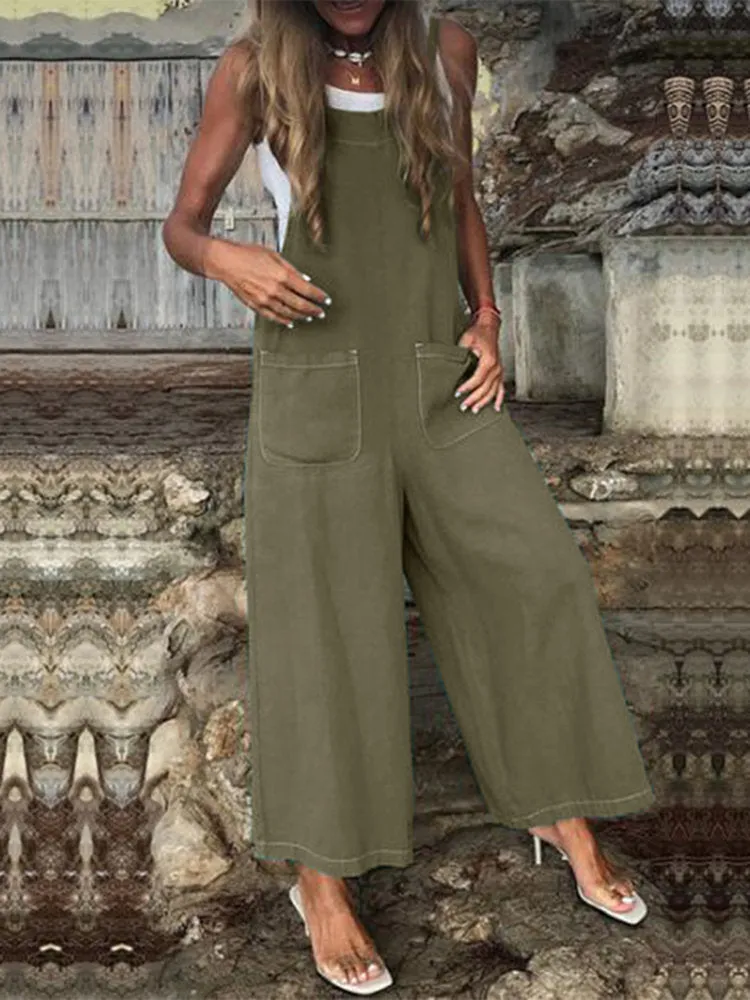 Casual Solid Color Straps Wide Leg Plus Size Jumpsuit