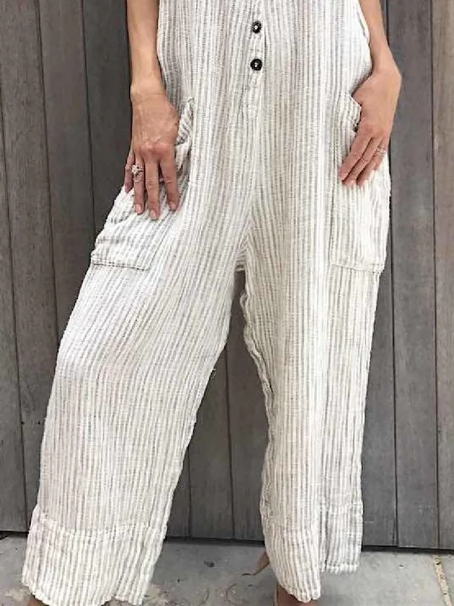 Casual White Striped Button Vintage One-Pieces Jumpsuit