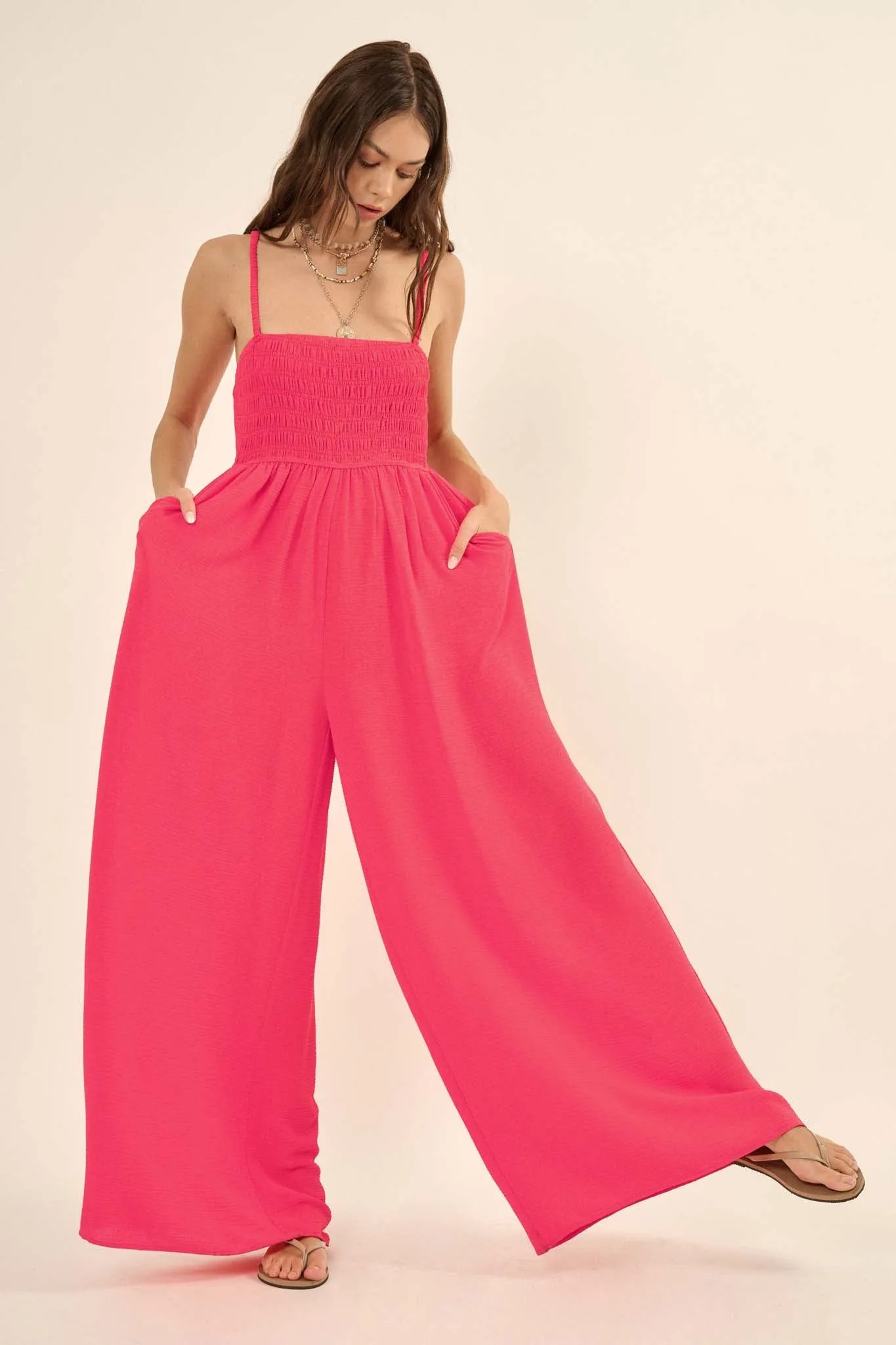 Catch Your Breath Smocked Crepe Wide-Leg Jumpsuit