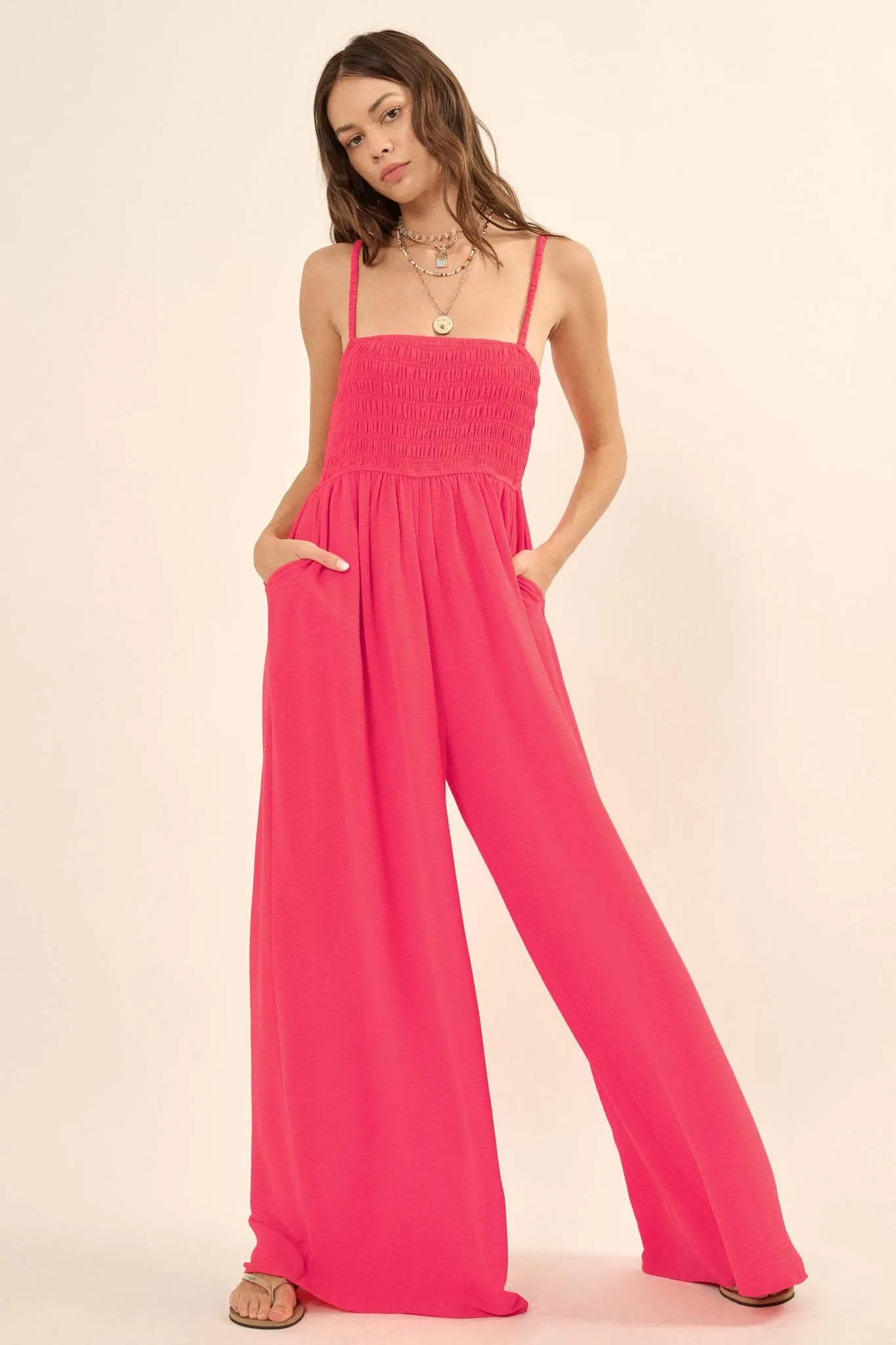 Catch Your Breath Smocked Crepe Wide-Leg Jumpsuit