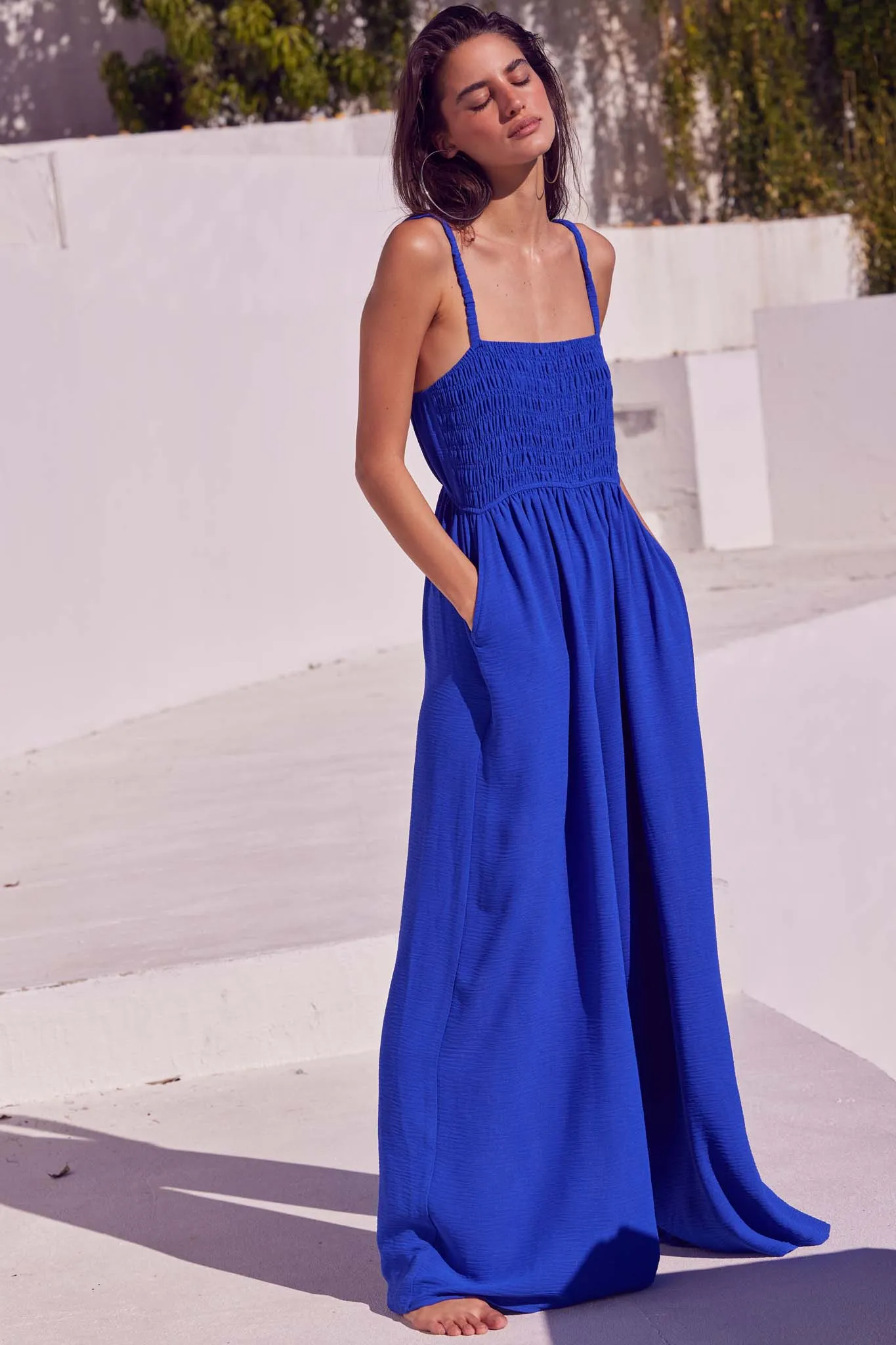 Catch Your Breath Smocked Crepe Wide-Leg Jumpsuit